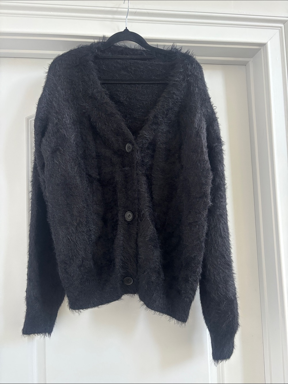 Cozy Black Fuzzy Button-Front Cardigan